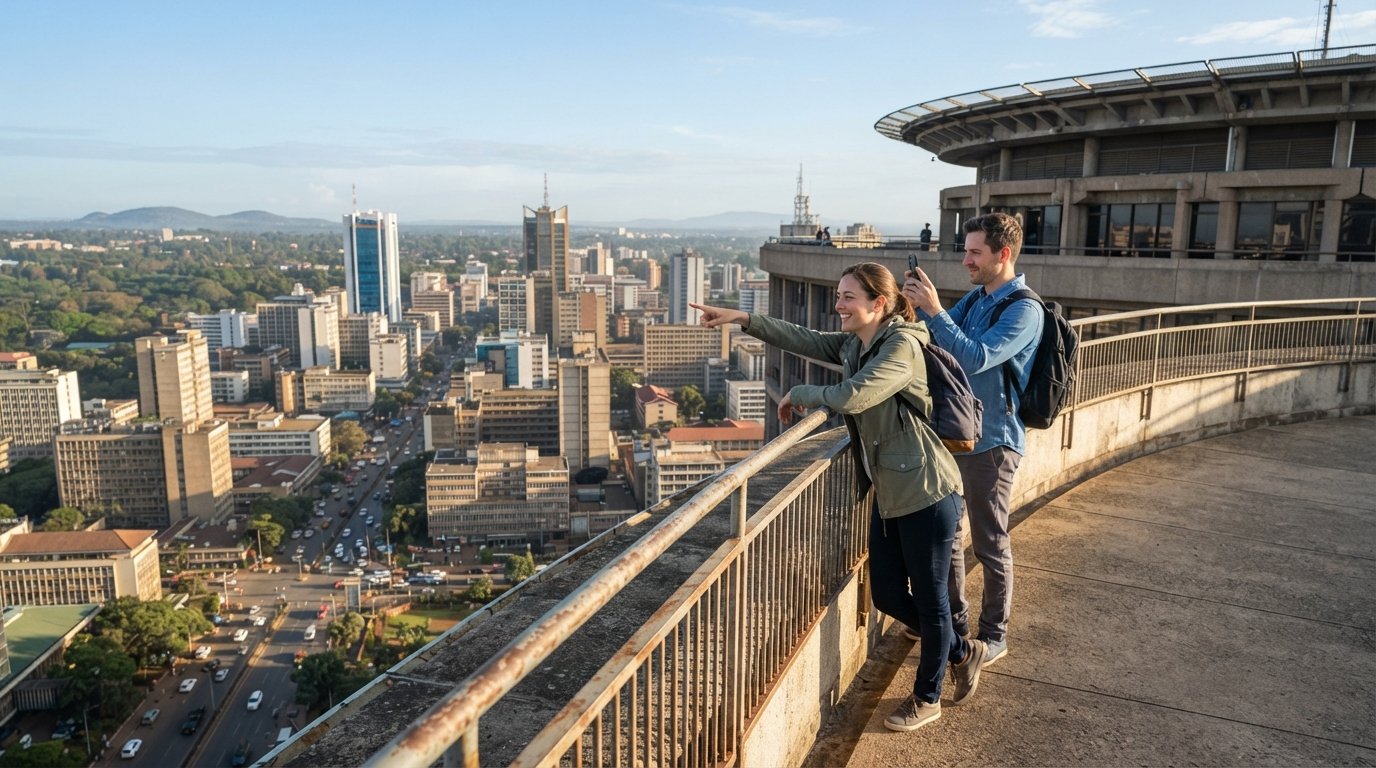 the KICC tower and viewing deck above City Square at clear morning light, with Nairobi’s skyline and distant green edges spread below