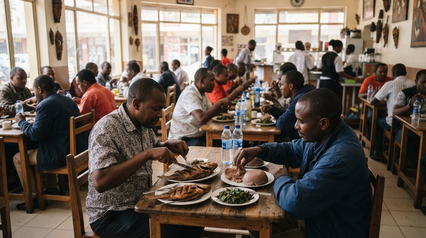 the busy dining hall at K’Osewe Ranalo Foods on Kimathi Street at lunchtime, with plates of fried tilapia, brown ugali and greens on simple tables