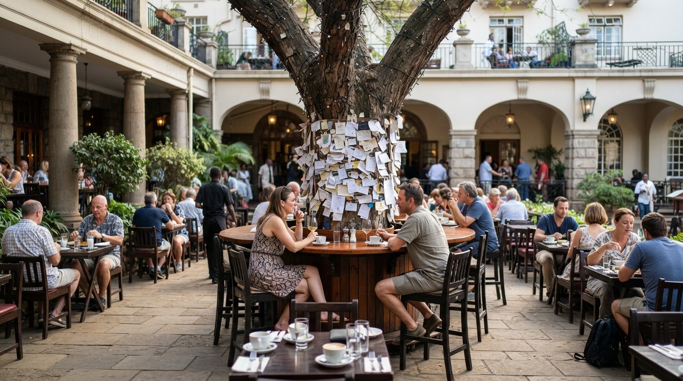 the open-air Thorn Tree Café at the Sarova Stanley, with the historic thorn tree at the centre and coffee tables spilling onto the pavement