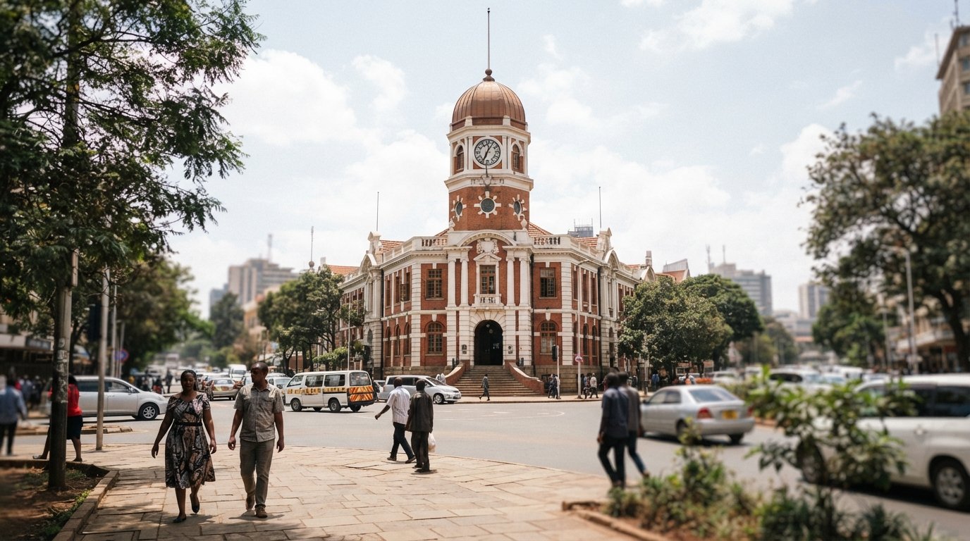 the Nairobi Gallery’s 1913 Victorian façade and octagonal dome at the Point Zero roundabout, seen from the roadside in daylight