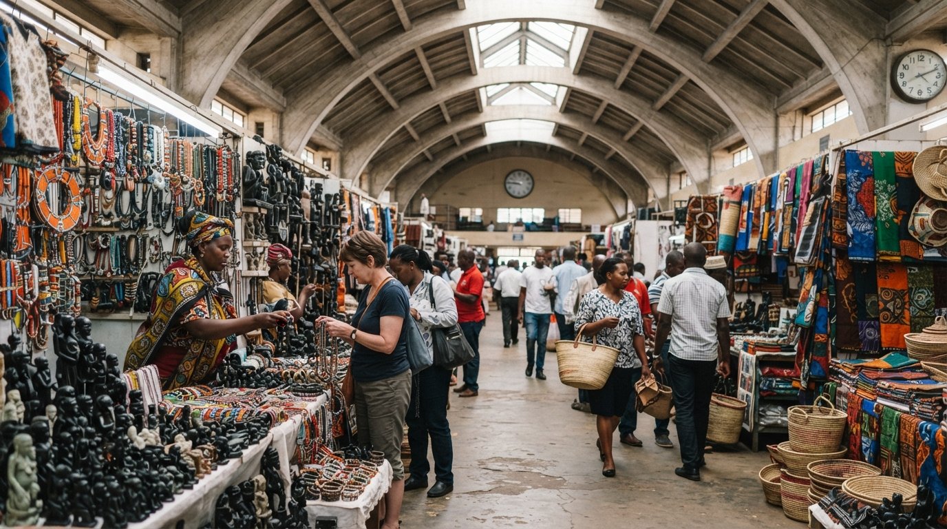 inside City Market’s vaulted hall, with craft stalls of beadwork, soapstone carvings and textiles under the early-1930s roof