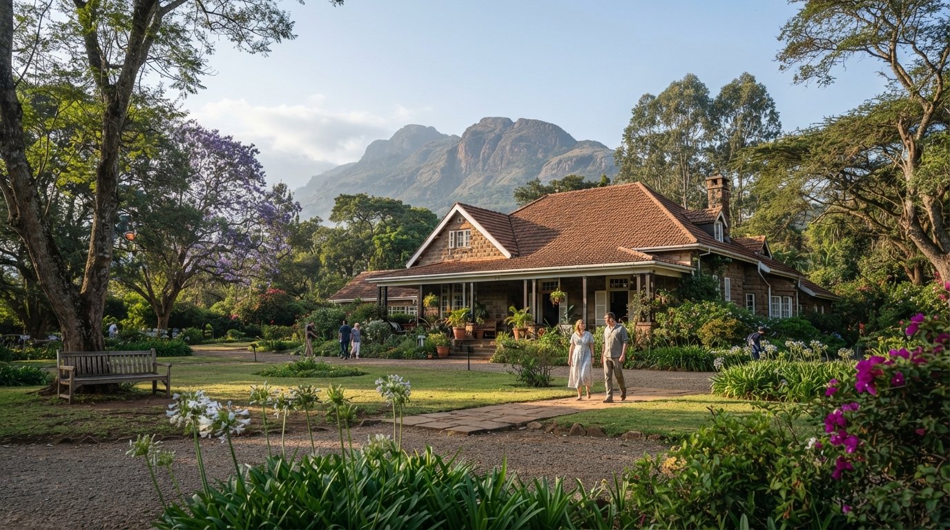 the Karen Blixen Museum farmhouse and gardens at the foot of the Ngong Hills, with old trees and a calm morning sky