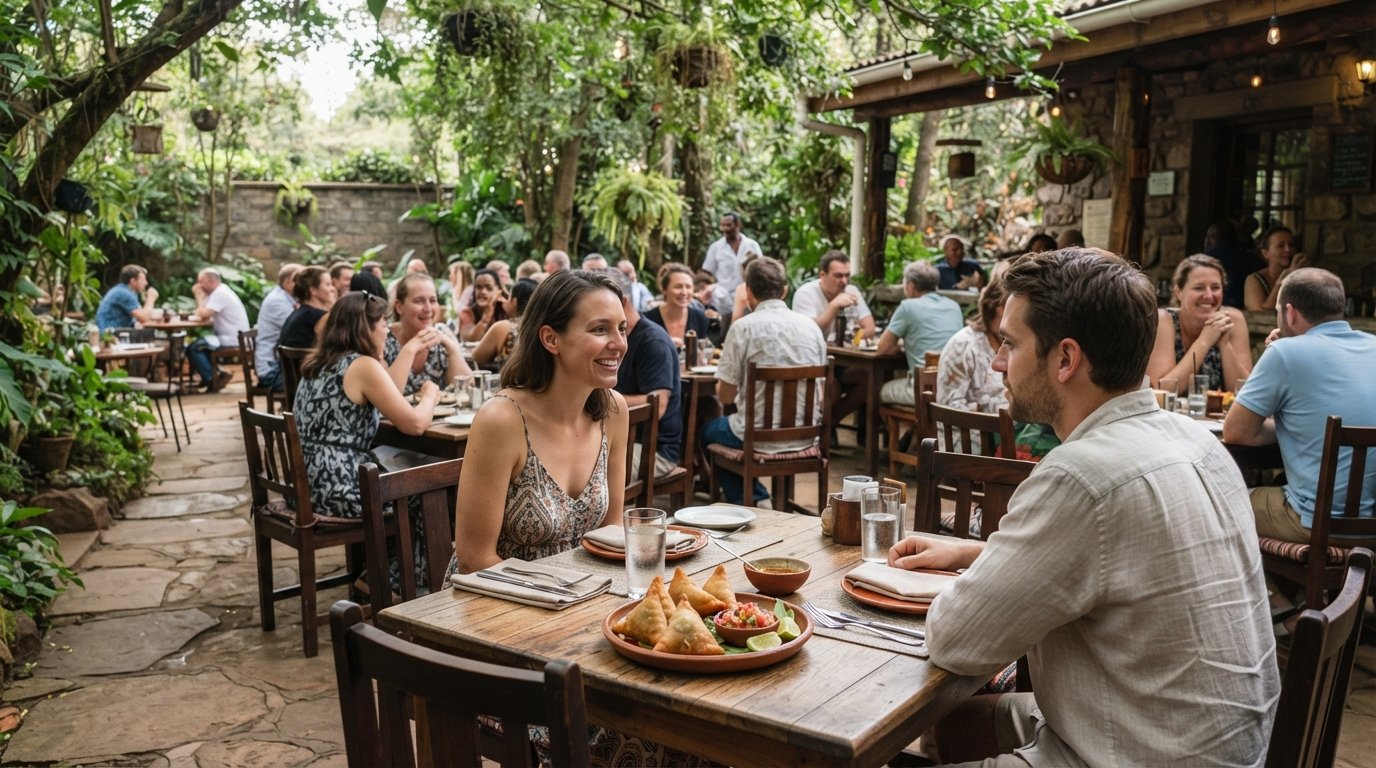 a garden terrace at Talisman on 320 Ngong Road, with leafy tables, a relaxed lunch crowd and plated samosas in soft afternoon light