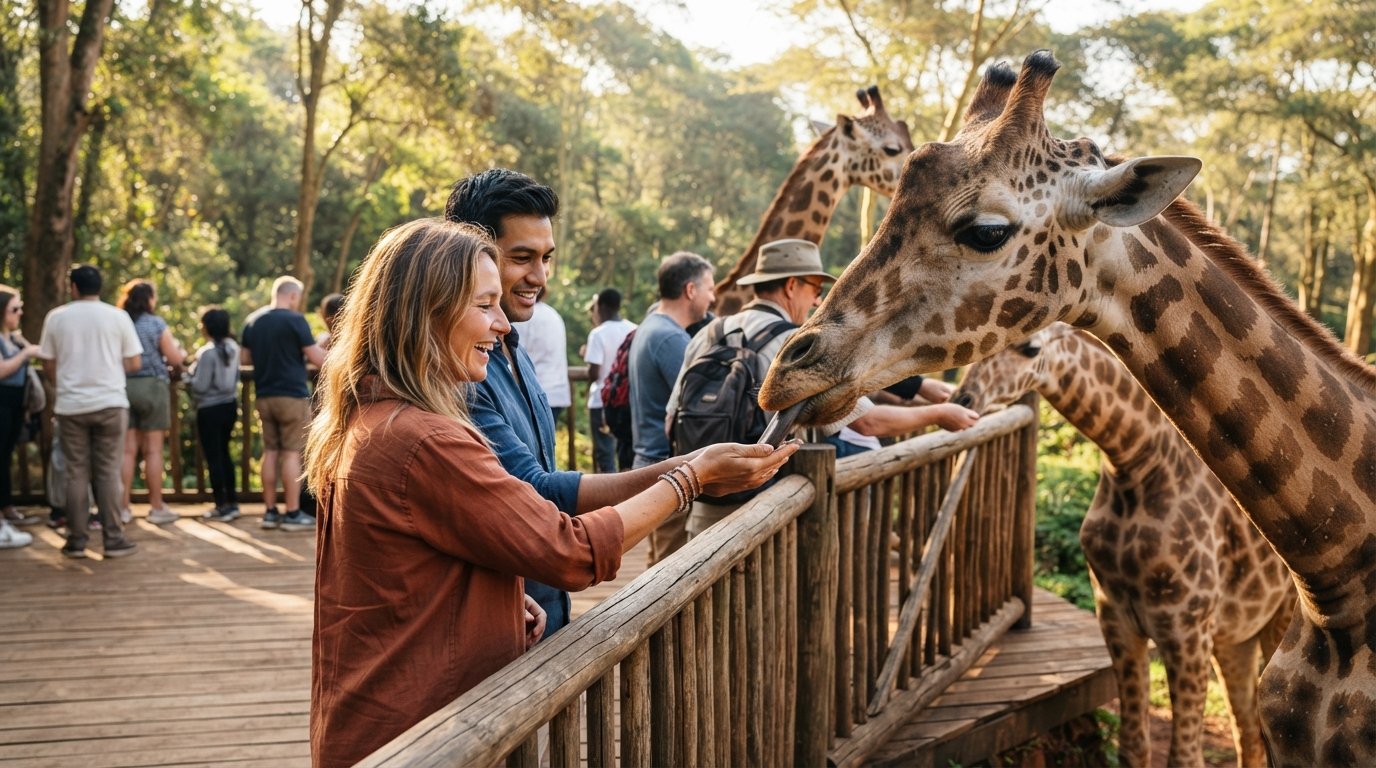 visitors on the raised platform at Giraffe Centre feeding Rothschild’s giraffes by hand, with the forest trail beyond in bright morning light