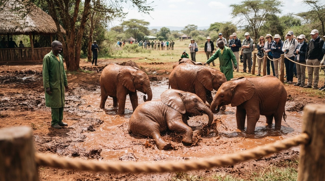 orphaned elephant calves mud-bathing at the Sheldrick Wildlife Trust during the public viewing hour, keepers nearby and red earth underfoot