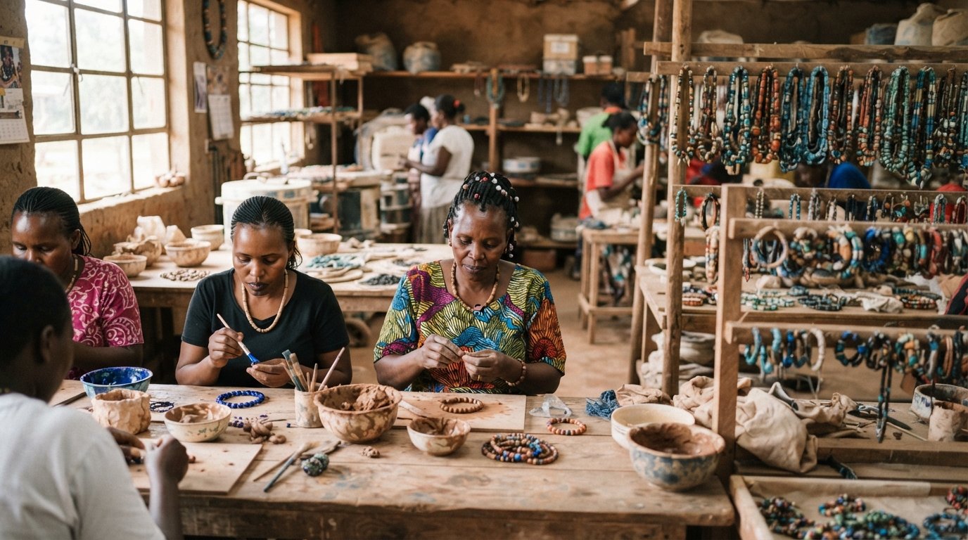 women at Kazuri Beads & Pottery Centre hand-rolling and glazing ceramic beads in the workshop, with colourful finished jewellery displayed nearby