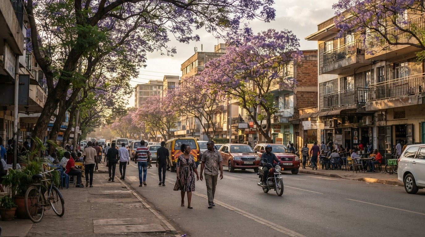 Argwings Kodhek Road in Kilimani at late afternoon, with low-rise apartment blocks, jacaranda shade and restaurant fronts lining the street