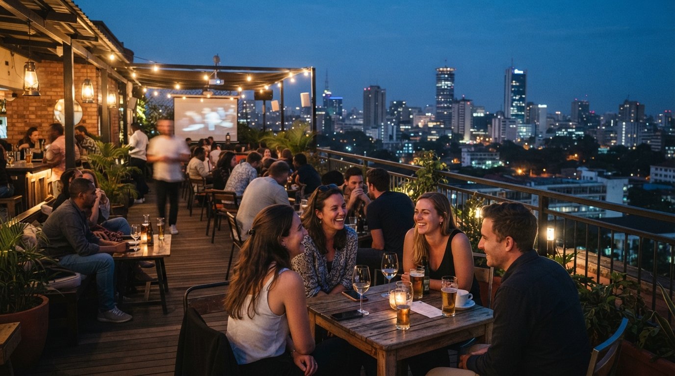 the rooftop terrace at Unseen Nairobi above Wood Avenue at dusk, with skyline views, tables, warm lights and cinema-goers lingering after a screening