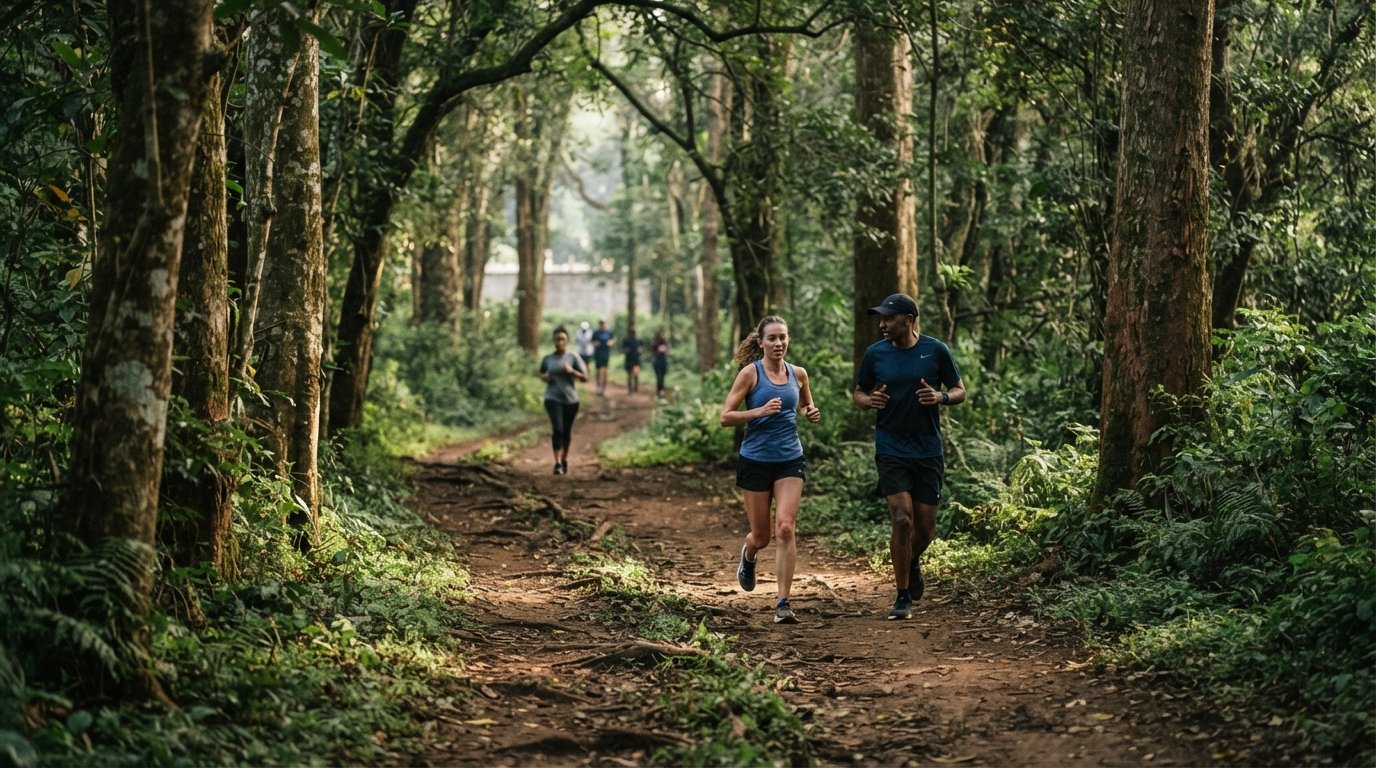 a shaded trail inside the Nairobi Arboretum at early morning, with runners, trees and dappled light near State House