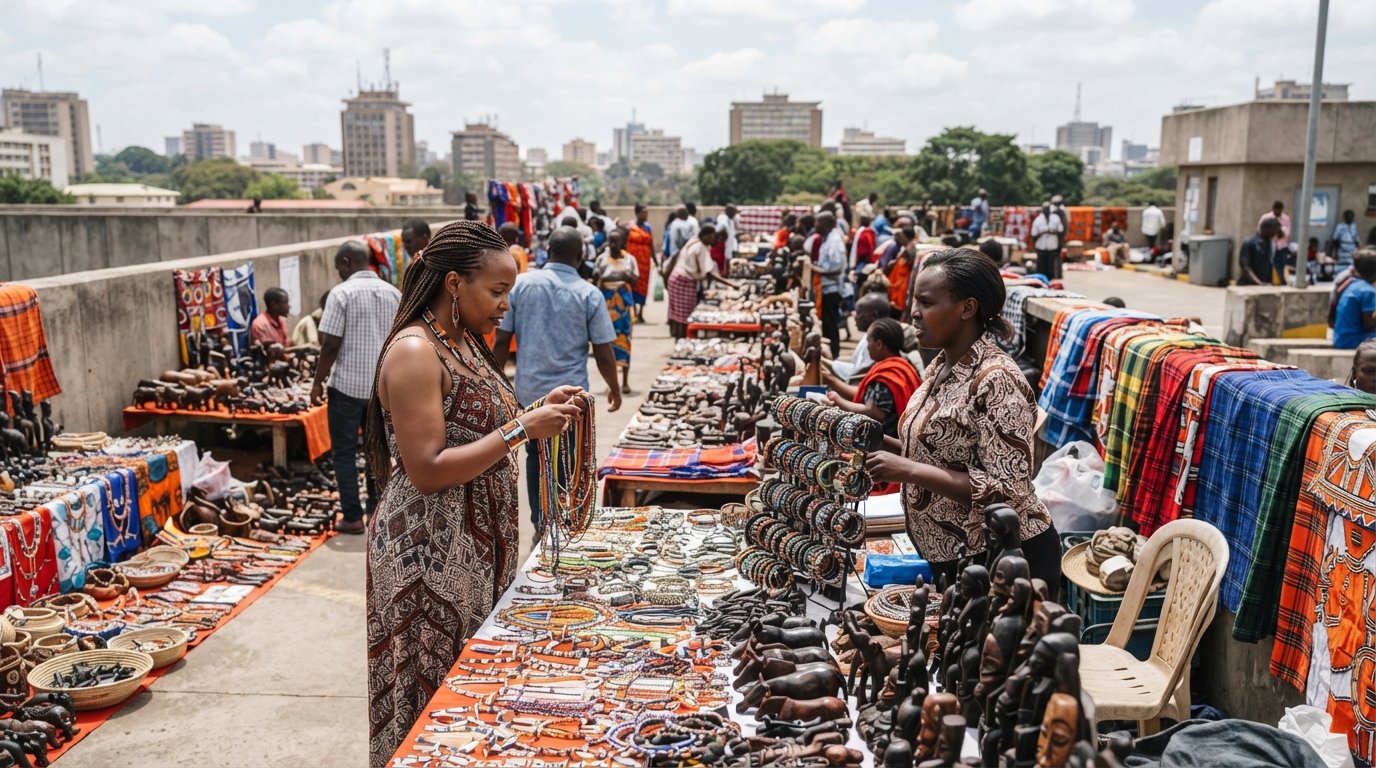 the Sunday Maasai Market on the rooftop parking decks at Yaya Centre, with beadwork, kikoi cloth and carvings spread across stalls in bright daylight