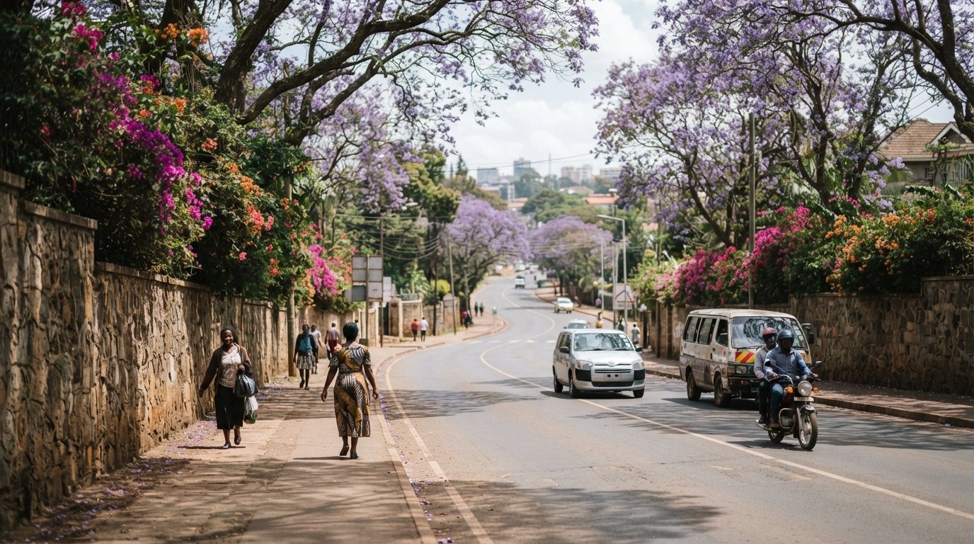 James Gichuru Road in Lavington at late morning, jacaranda shade over wide lanes and high stone walls topped with bougainvillea