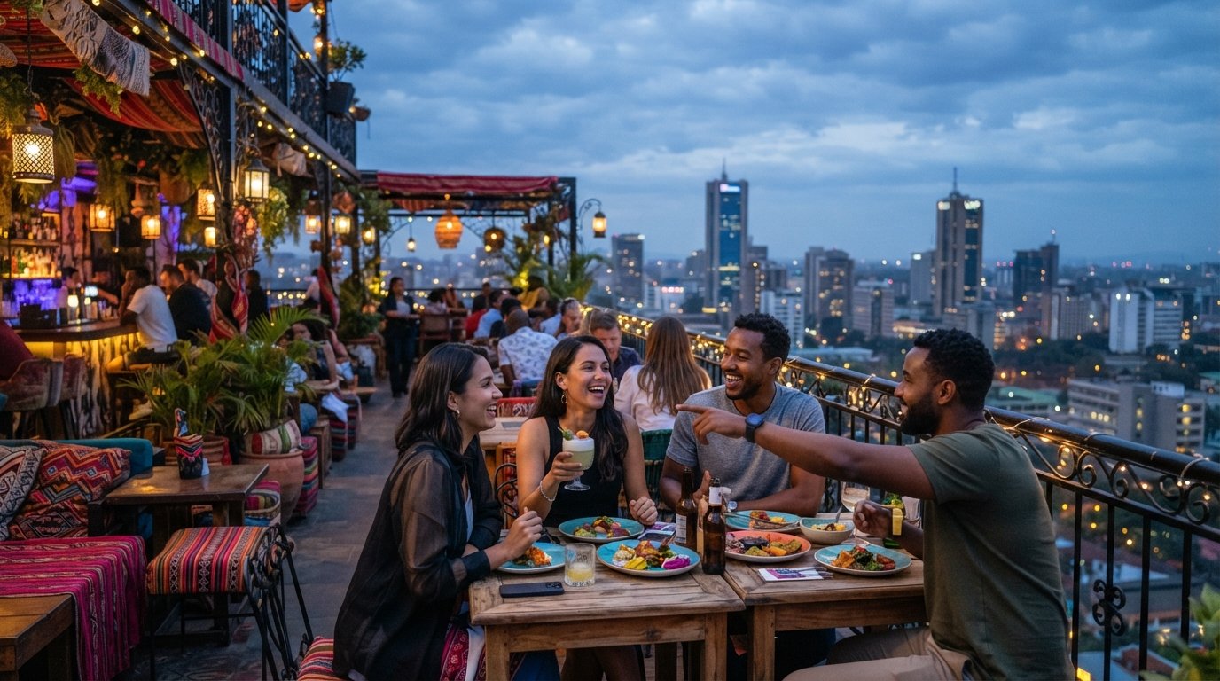 the rooftop at Inca at The Social House in evening light, colourful Peruvian-inspired décor, cocktails and shared plates on tables with Nairobi skyline beyond