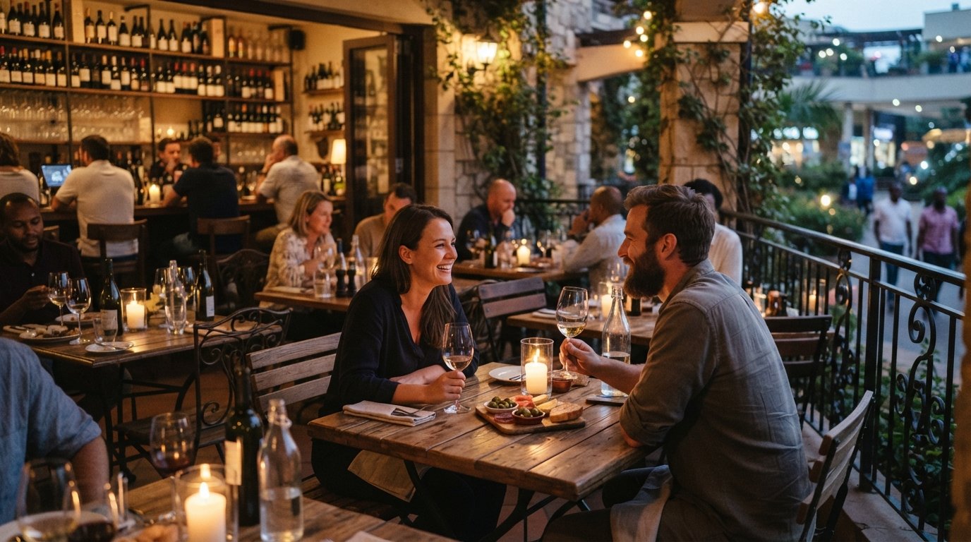 Le Bar à Vin at Lavington Corner Mall, candlelit tables, rows of wine bottles and small plates on a French-style evening wine bar terrace