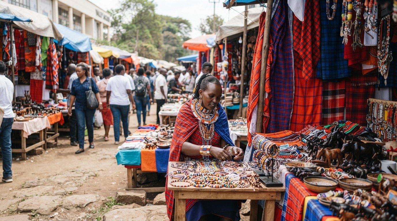 Valley Arcade Maasai Market on Gitanga Road, beadwork, shukas and carved souvenirs arranged under simple stalls in soft daylight