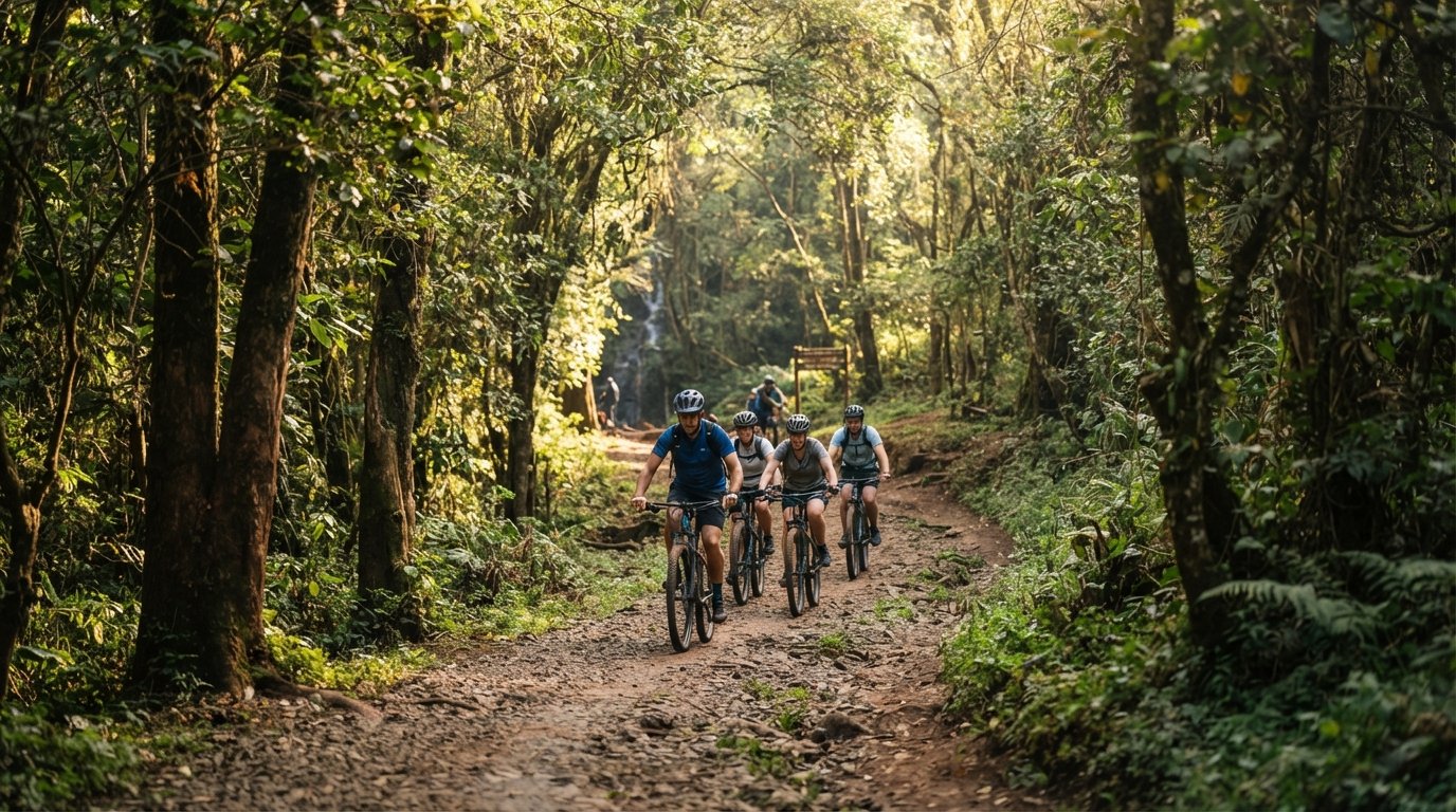 a Karura Forest trail under indigenous canopy, dappled morning light on a walking path with cyclists heading toward the waterfall