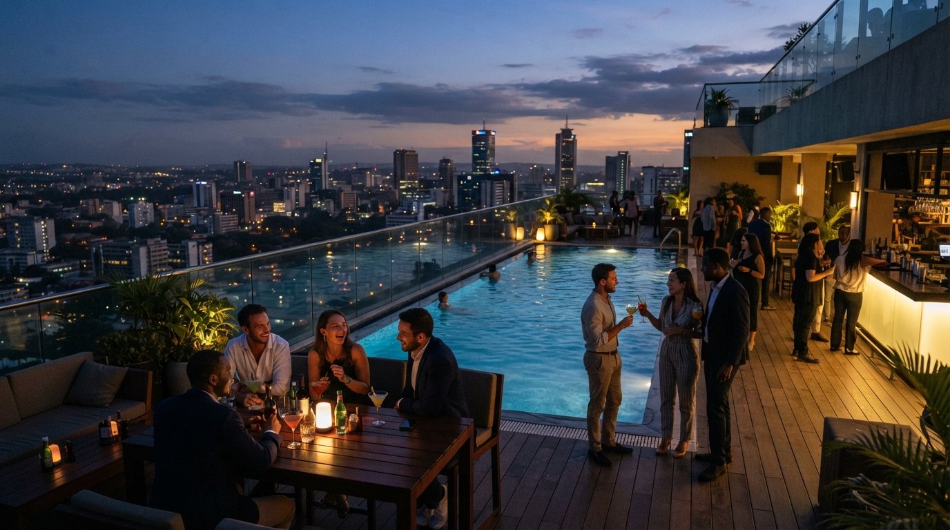 Sarabi Pool & Supper Club on top of the Sankara hotel, infinity pool and cocktail terrace glowing at dusk above Nairobi’s skyline