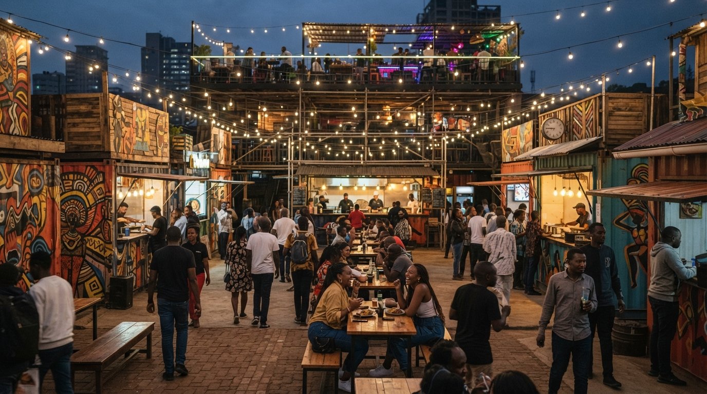 Nairobi Street Kitchen on Mpaka Road, string lights and murals over the food hall with vendor counters and a rooftop bar above