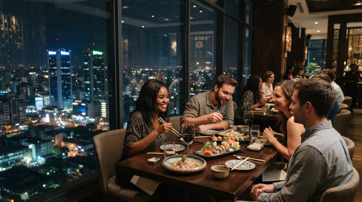 INTI on the 20th floor of One Africa Place, Nikkei plates and a wide Nairobi skyline view through the glass at night