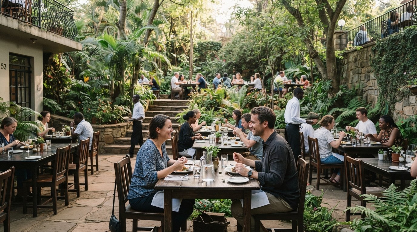 About Thyme’s sunken garden dining area at the corner of Peponi Road and Eldama Ravine, leafy tables in soft afternoon light