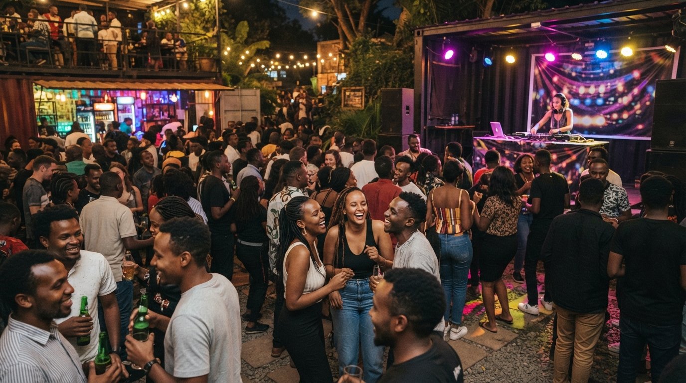 The Alchemist on Parklands Road at night, open-air yard packed with people, shipping-container bars, stage lights and DJs in action